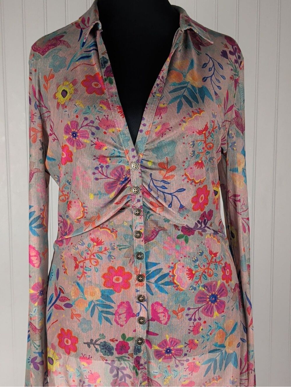 Natural Life Carina Floral Mesh Top - Ruched Button Front Boho Blouse XL